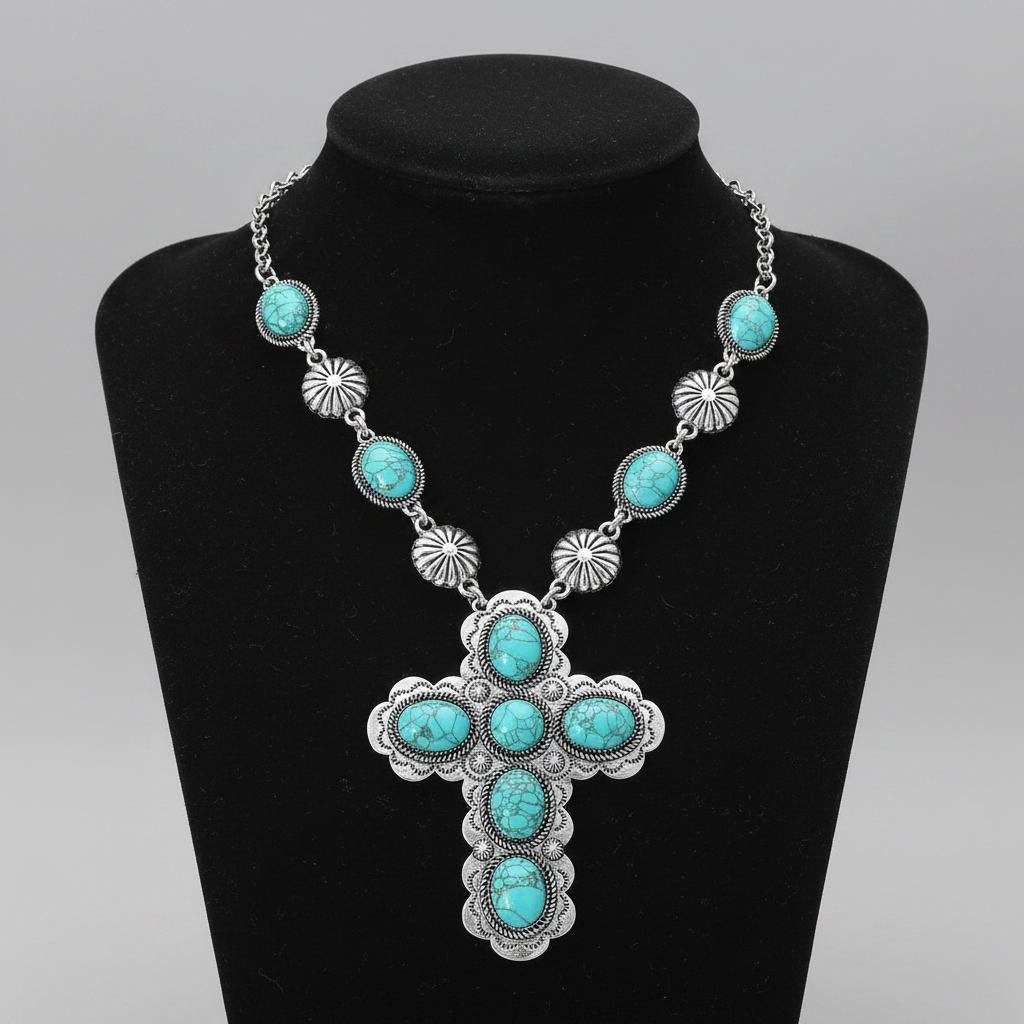 A silver-toned Southwestern-style cross pendant necklace featuring multiple oval turquoise stones, set against a plain white background.