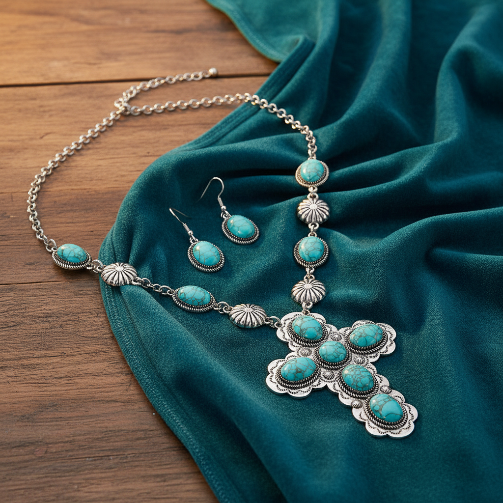 A sterling silver Southwestern-style jewelry set featuring a necklace, matching drop earrings, and a cross pendant, all adorned with round turquoise stones, displayed on a draped teal velvet fabric over a wooden surface.