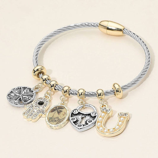 Two Tone Metal Lucky Charms Hamsa Evil Eye Charm Beaded Cable Magnetic Bracelet