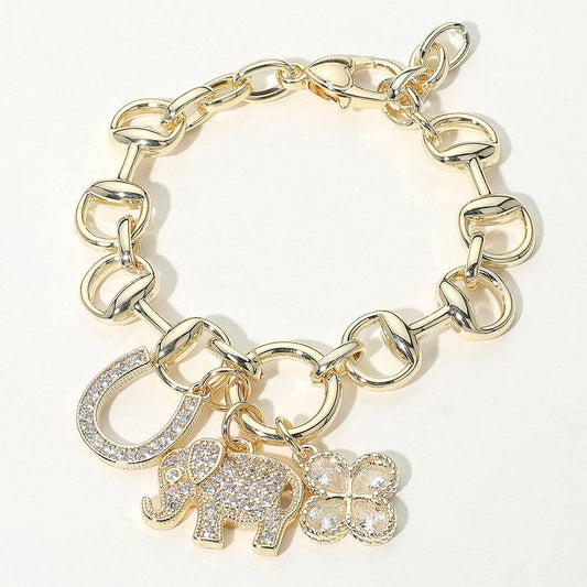 Gold Dipped Charm Bracelet CZ Elephant Clover Horseshoe Adjustable 7.25"