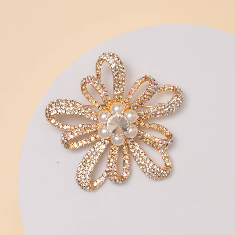 Crystal Rhinestone Floral Brooch Pin | 3” Statement Flower | Multiple Colors
