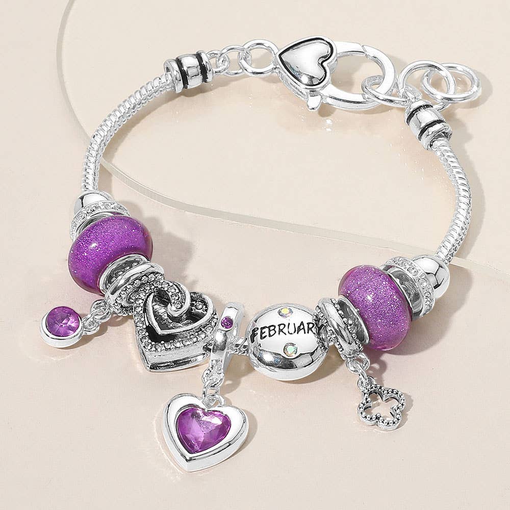 Birthstone Heart Charm Multi Beaded Bracelet