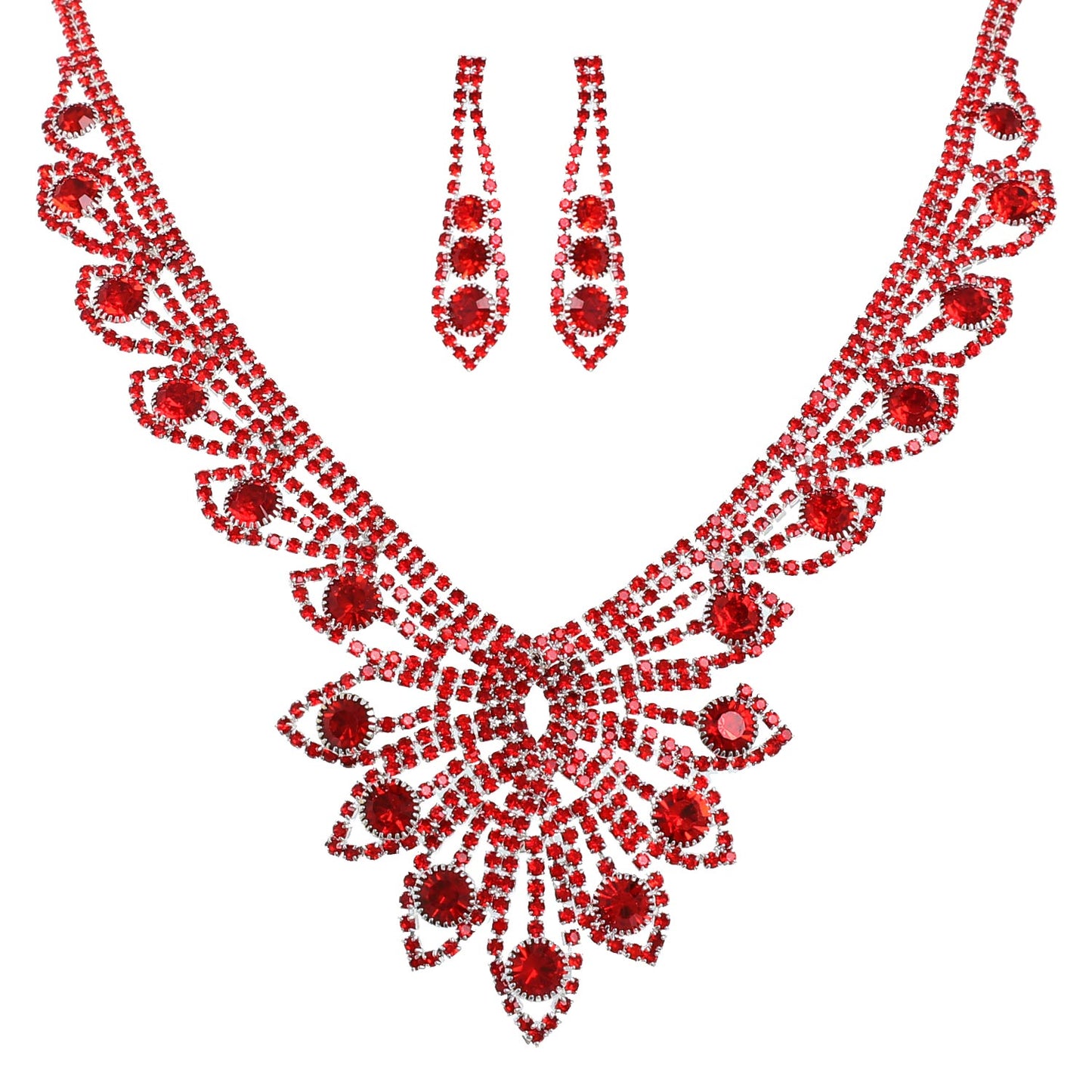 Crystal Gemstone V-Shaped Floral Necklace Set