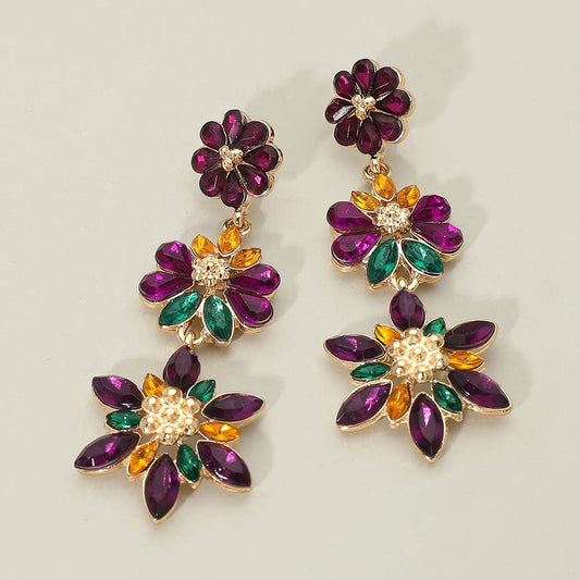 Mardi Gras Glass Stone Cluster Layered Petal Floral Drop Statement Earrings