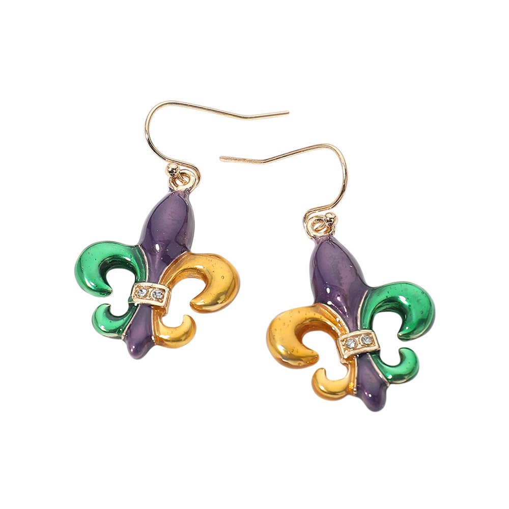 Stone Pave Enamel Fleur de Lis Dangle Earrings