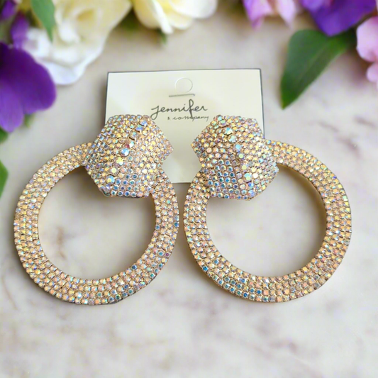 Rhinestone Pave Hexagon Open Circle Evening Earrings