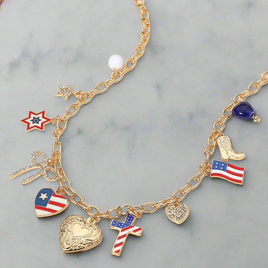 Enamel American USA Flag Heart Cross Star Bow Charm Necklace