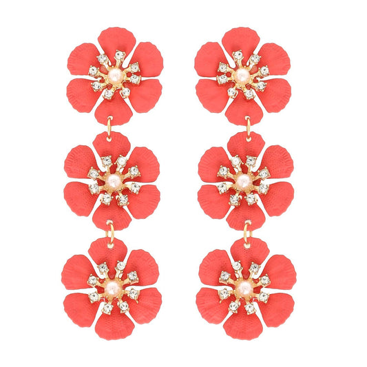 3-Tier Jeweled Floral Acrylic Long Drop Earrings