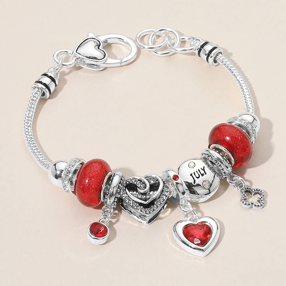 Birthstone Heart Charm Multi Beaded Bracelet