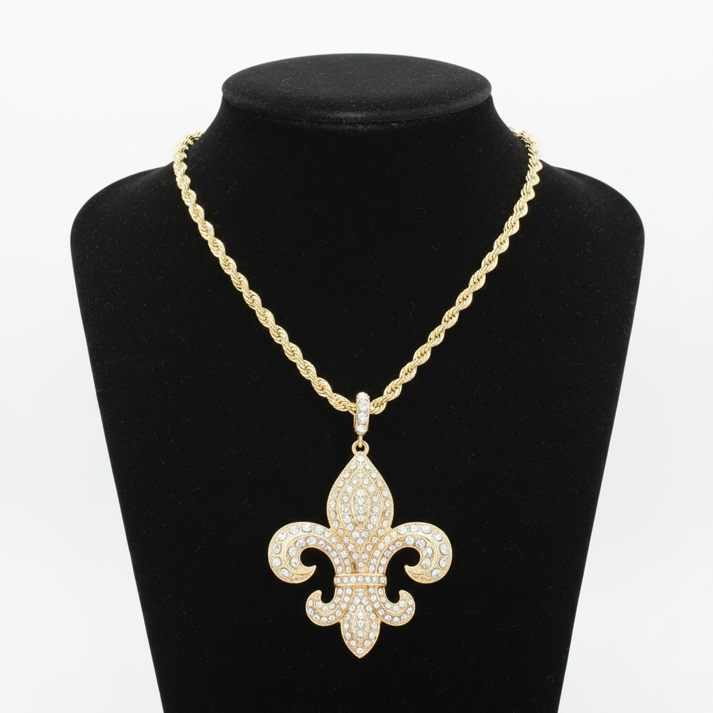 Rhinestone Embellished Fleur de Lis Pendant Necklace