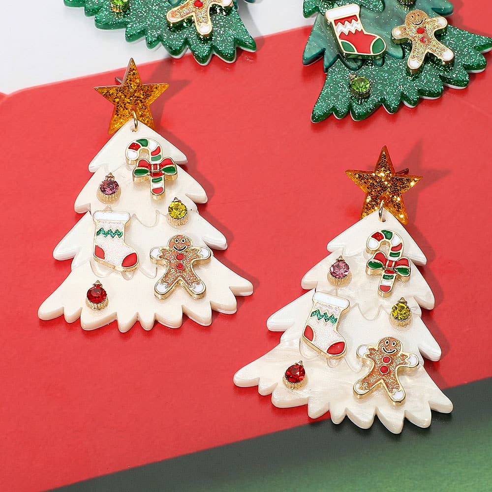 Festive Christmas Tree Earrings Holiday Jewelry Gingerbread Candy Cane Stocking – Resin 1.75" x 2.6" Post Back
