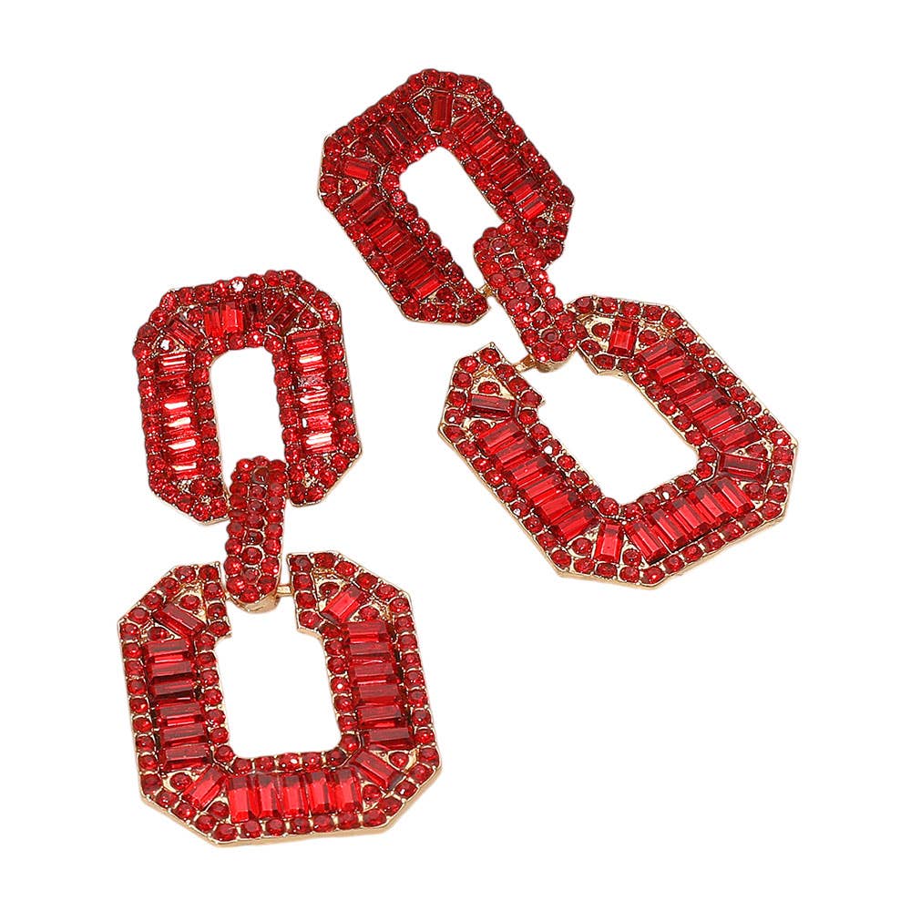 Bold Geometric Baguette Stone Embellished Doorknocker Evening Earrings