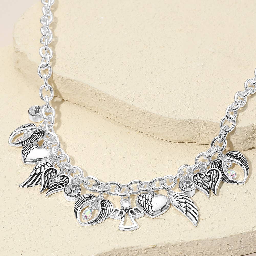 Angel Wing Heart Stone Charm Chain Necklace