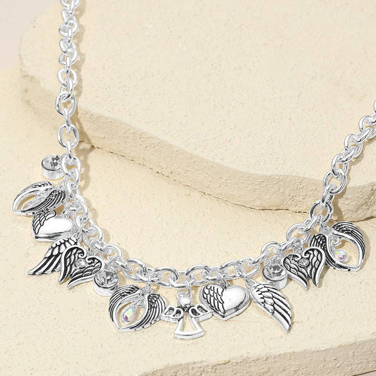 Angel Wing Heart Stone Charm Chain Necklace