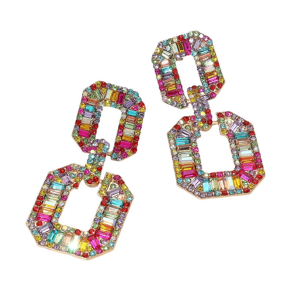 Bold Geometric Baguette Stone Embellished Doorknocker Evening Earrings