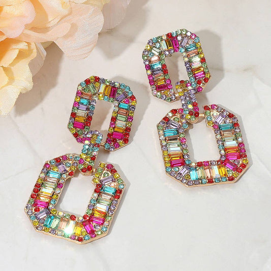 Bold Geometric Baguette Stone Embellished Doorknocker Evening Earrings