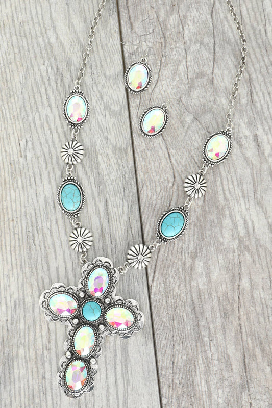 Western Crystal Turquoise Cross Necklace Set
