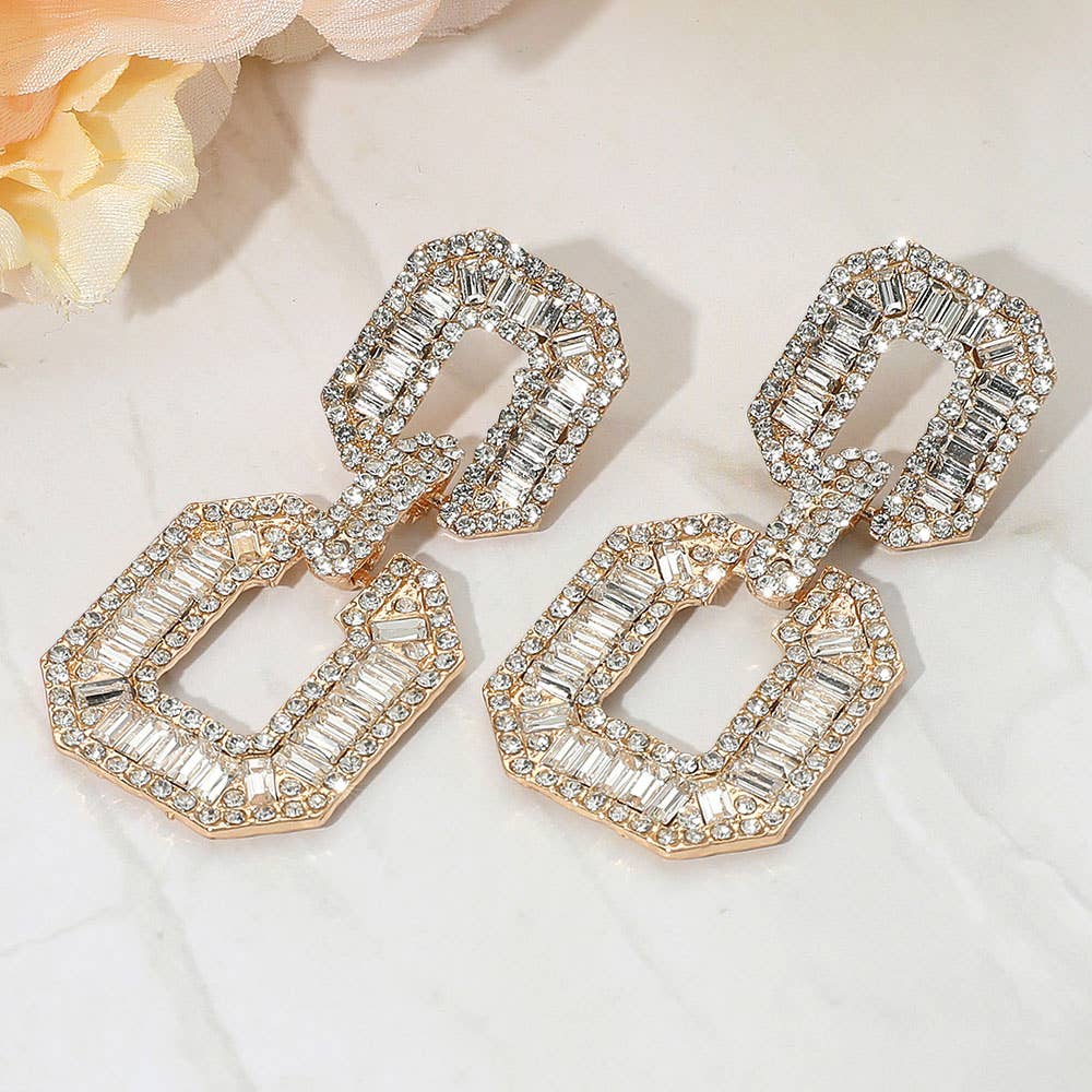 Bold Geometric Baguette Stone Embellished Doorknocker Evening Earrings