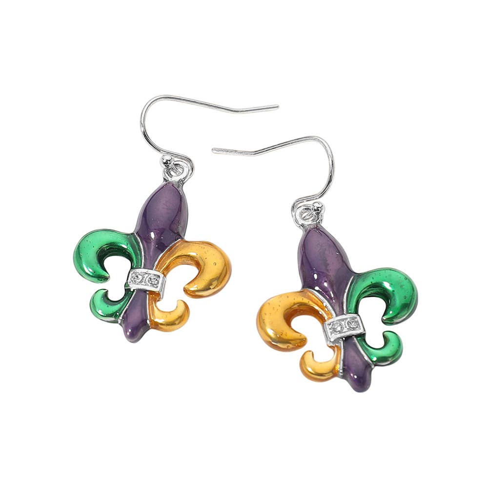 Stone Pave Enamel Fleur de Lis Dangle Earrings