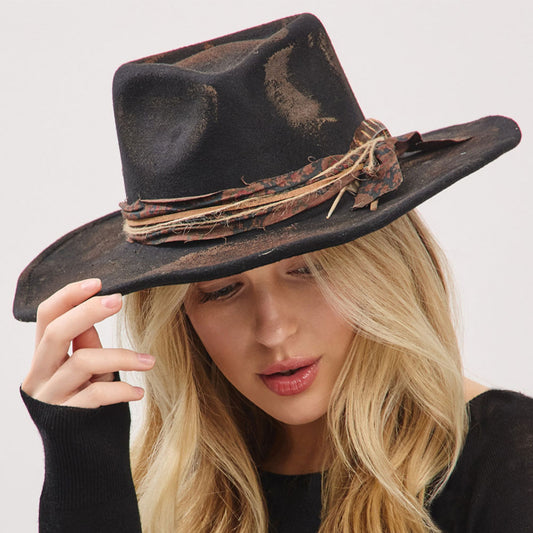 Vintage Feather Accent Distressed Fabric Band Rustic Cowgirl Western Fedora Hat