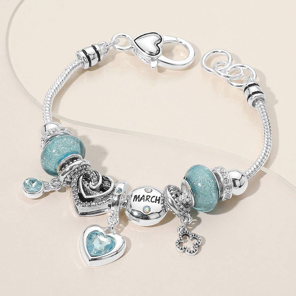 Birthstone Heart Charm Multi Beaded Bracelet