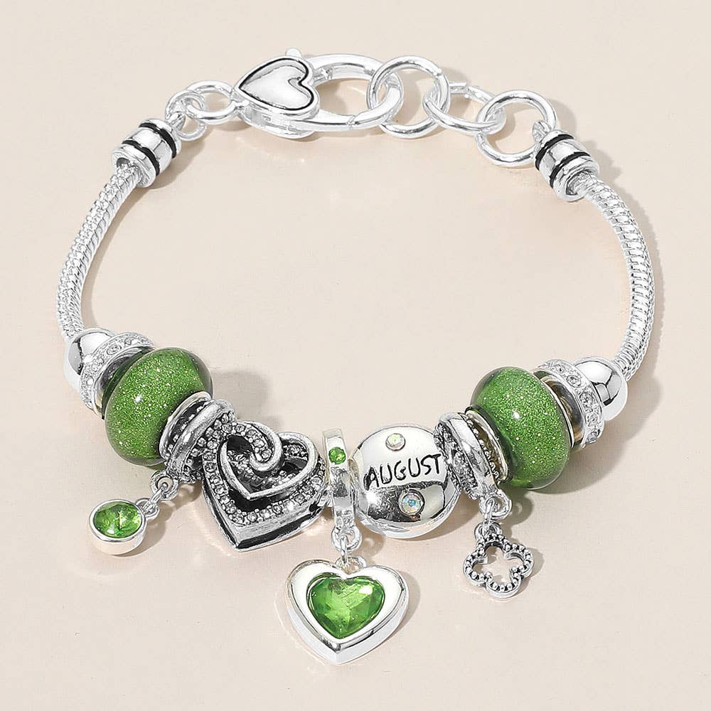 Birthstone Heart Charm Multi Beaded Bracelet