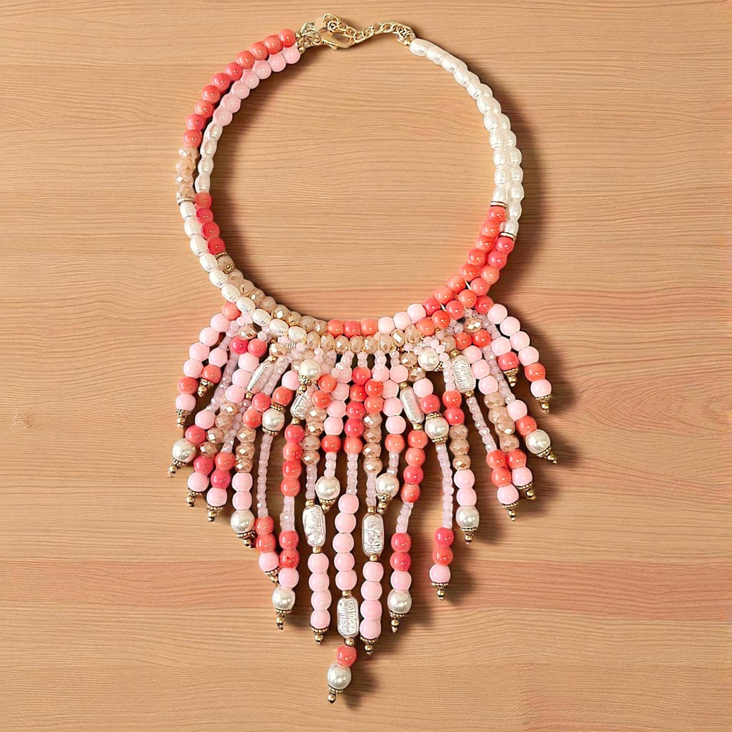 Coral Pink Beaded Bib Necklace Boho Waterfall Statement Jewelry