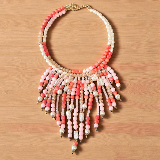Coral Pink Beaded Bib Necklace Boho Waterfall Statement Jewelry