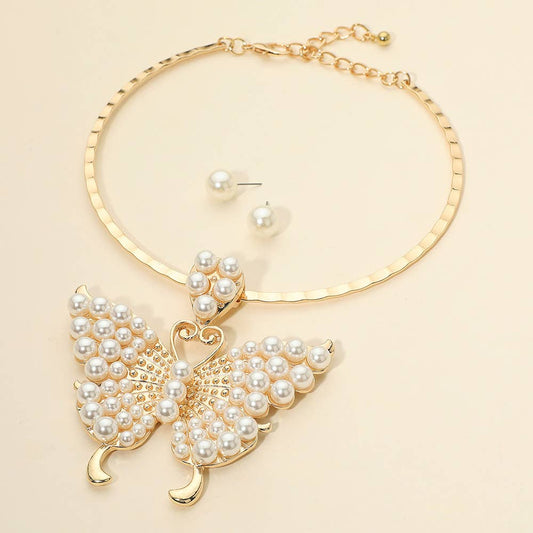 Bold Pearl Butterfly Statement Choker Necklace Set | Gold Butterfly Pendant Jewelry
