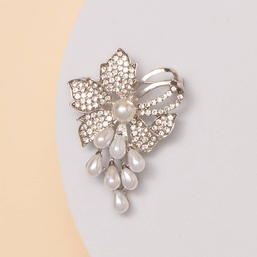 Floral Brooch with Pearl Drops and Crystal Accents