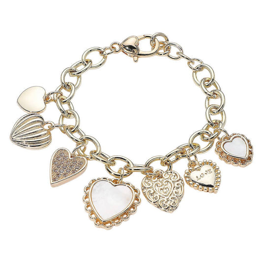 14K Gold Plated CZ Mother of Pearl Heart Charm Bracelet