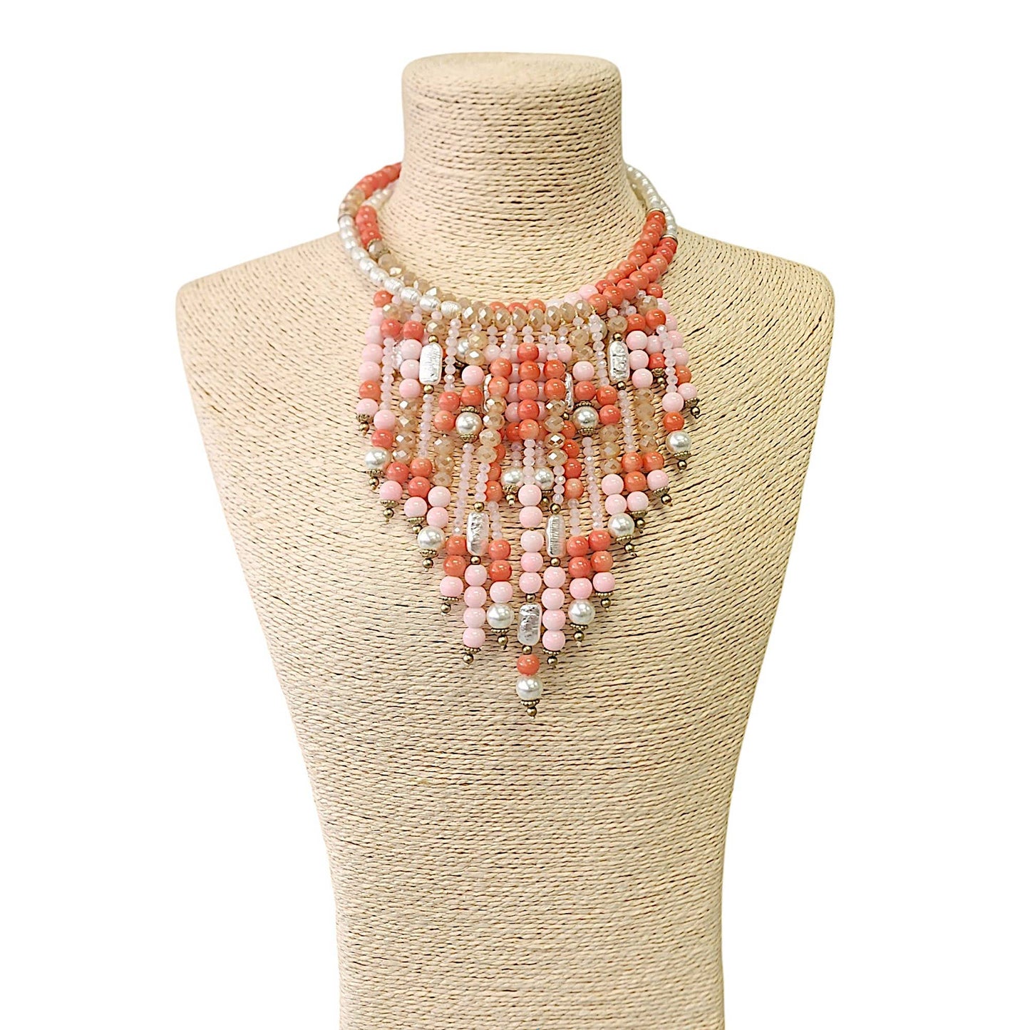 Coral Pink Beaded Bib Necklace Boho Waterfall Statement Jewelry