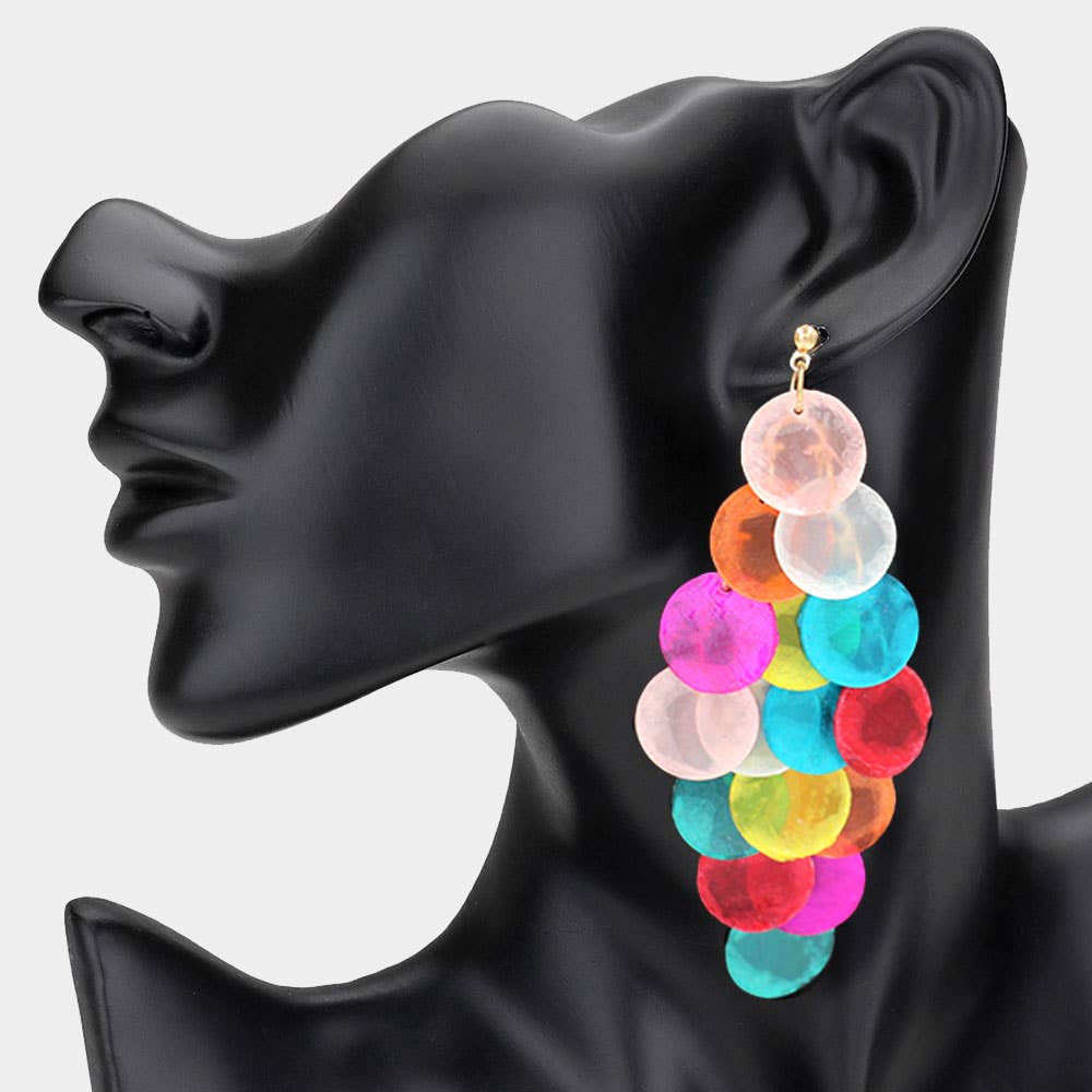 Oversized chandelier earrings with layered transparent resin discs in multicolor design”