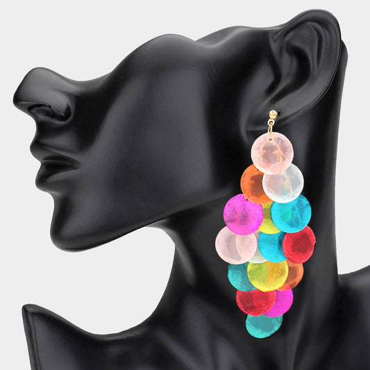 Oversized chandelier earrings with layered transparent resin discs in multicolor design”