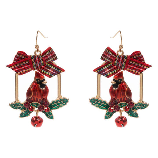 Bow Accent Holiday Cardinal Bell Dangle Earrings