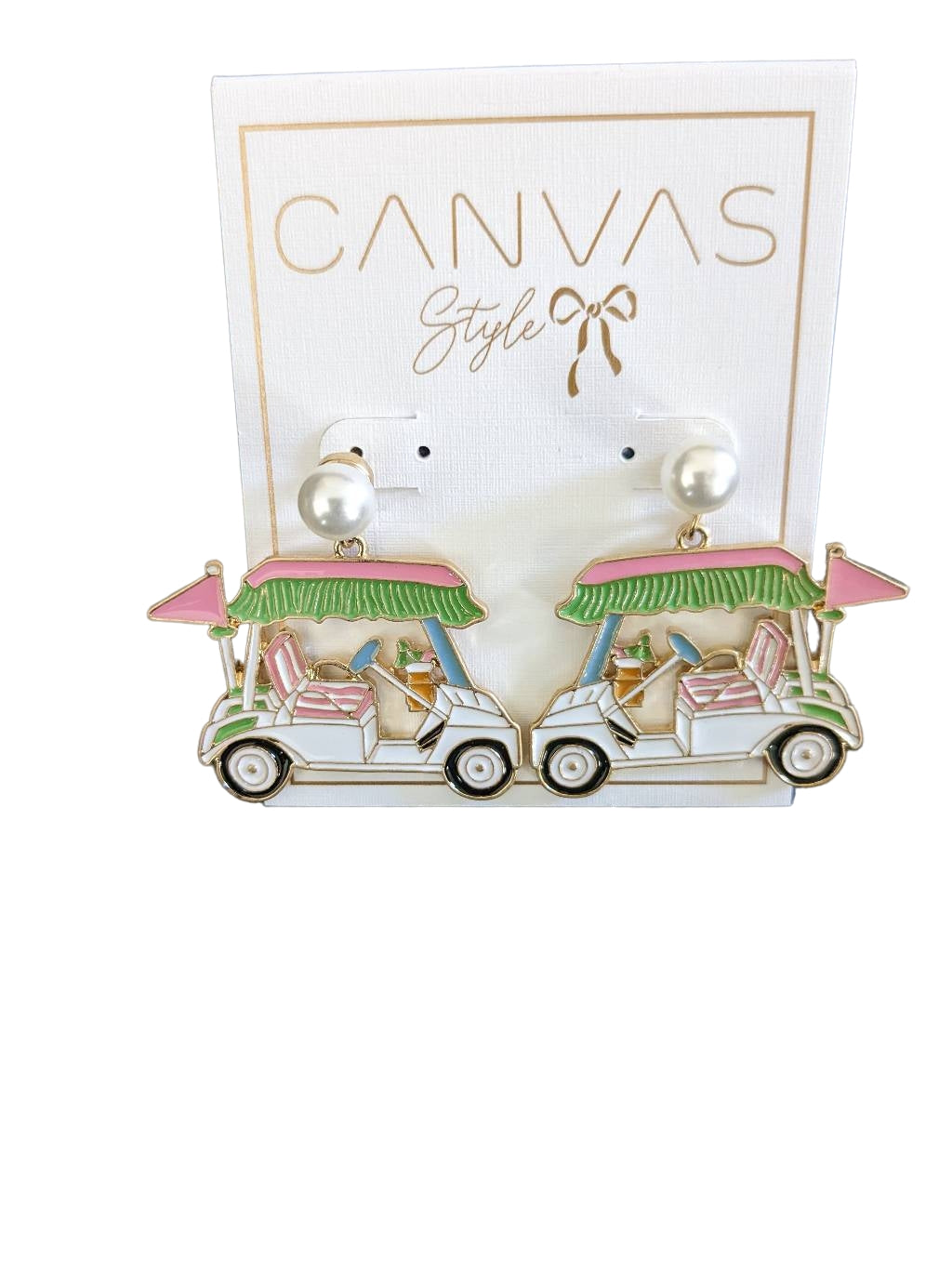 Bella Enamel Golf Cart Earrings in Green & Pink