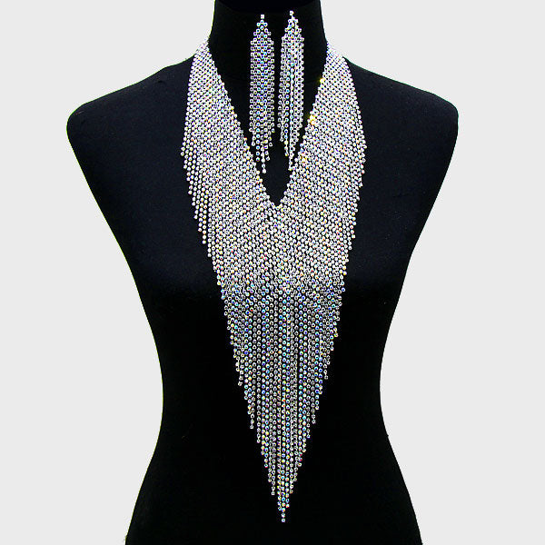 Rhinestone V-shape Fringe Necklace