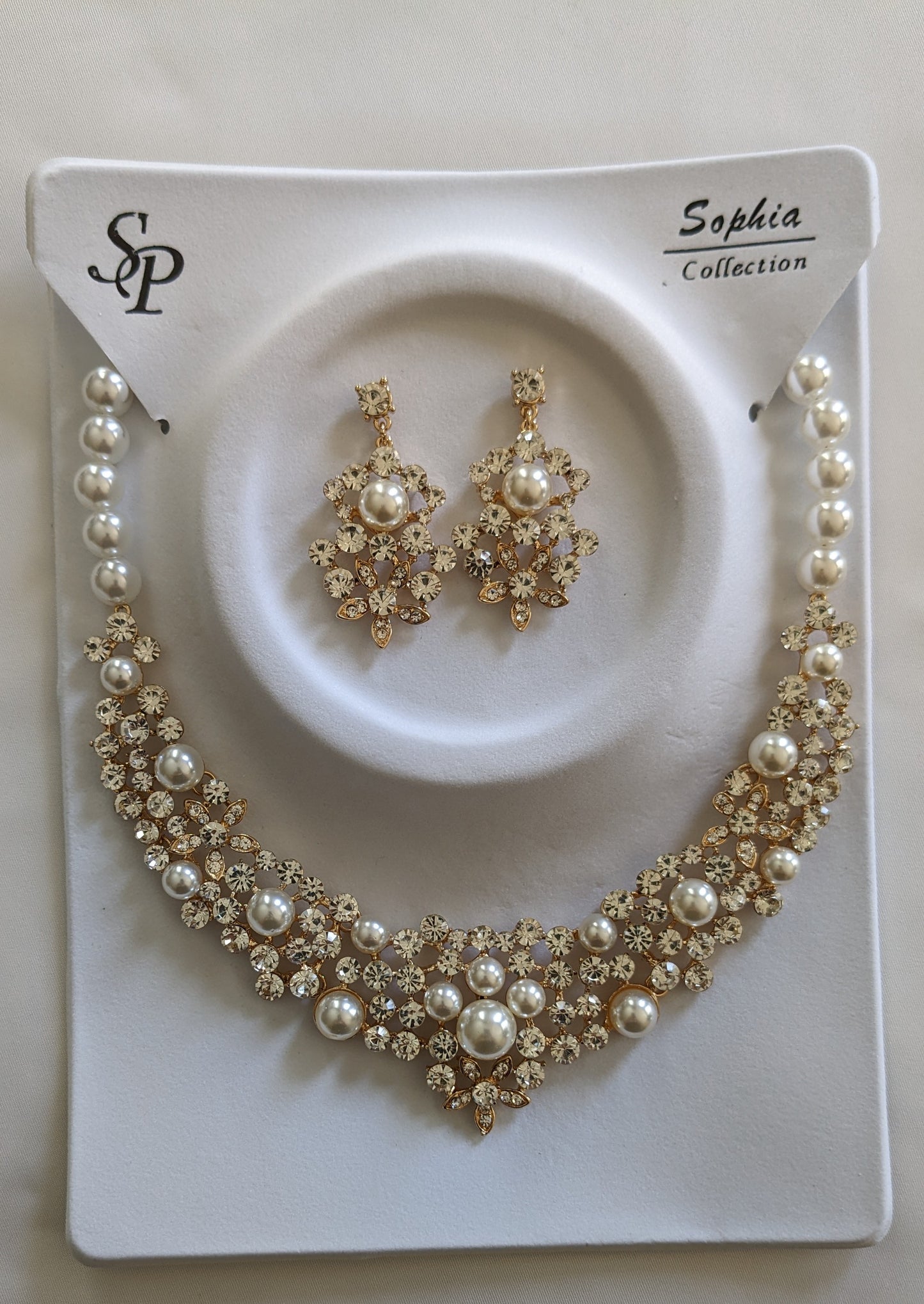 Floral Rhinestone and Pearl Bib Necklace & Earring Set