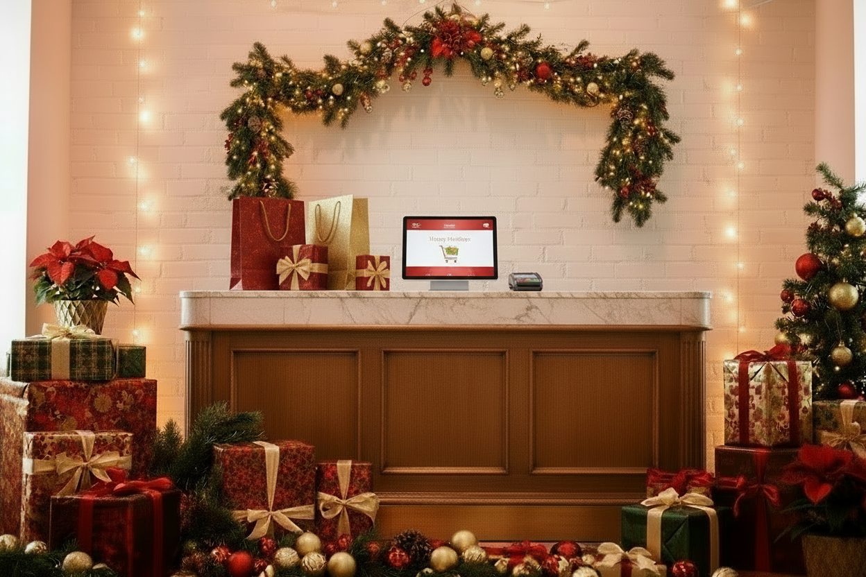 Decorative Christmas scene with a fireplace, garland, and presents.