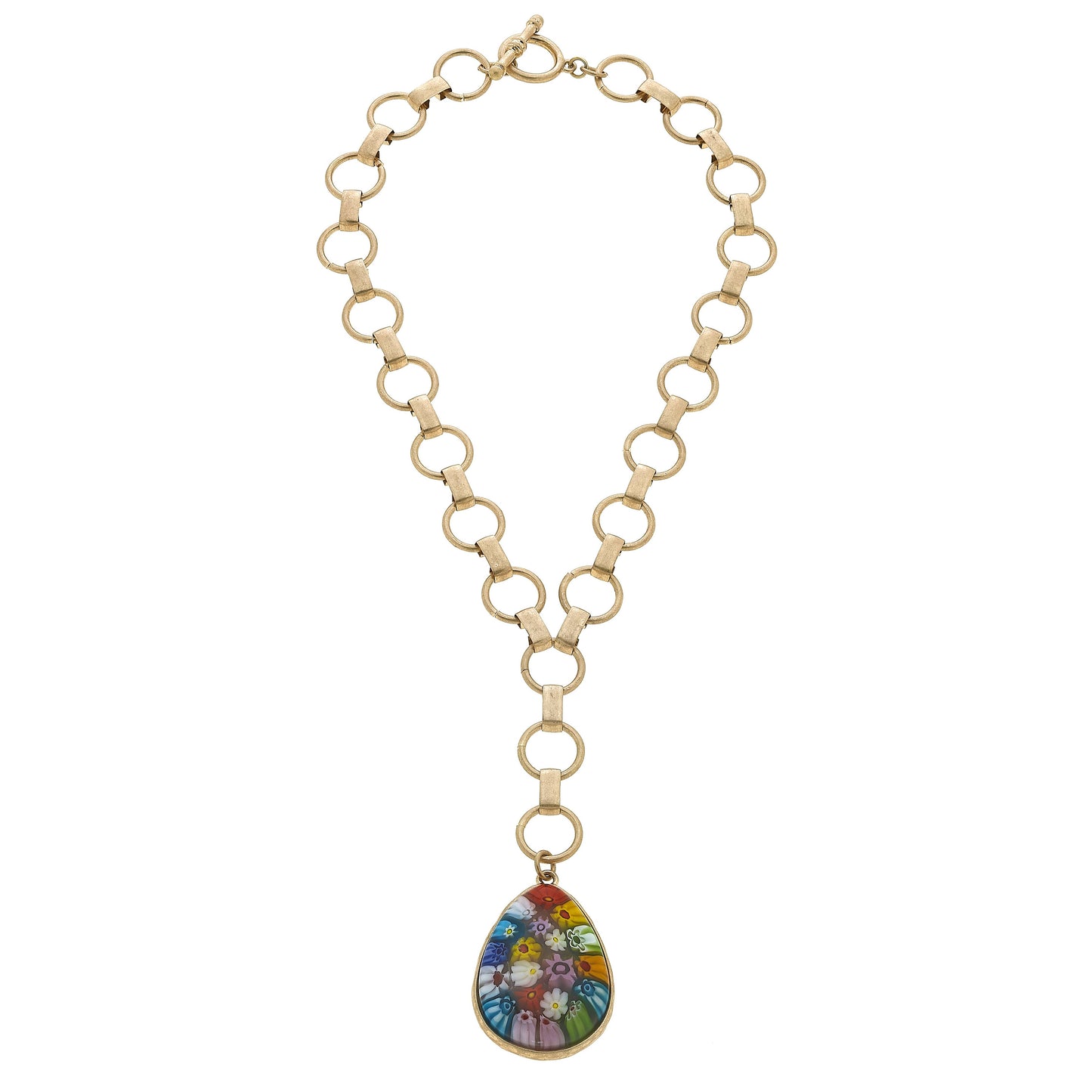 Millefiori Glass Teardrop Pendant Y Necklace in Multi