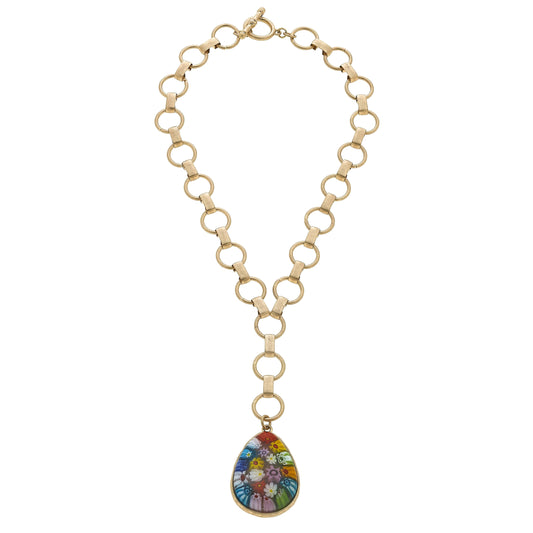 Millefiori Glass Teardrop Pendant Y Necklace in Multi