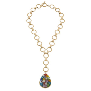 Millefiori Glass Teardrop Pendant Y Necklace in Multi