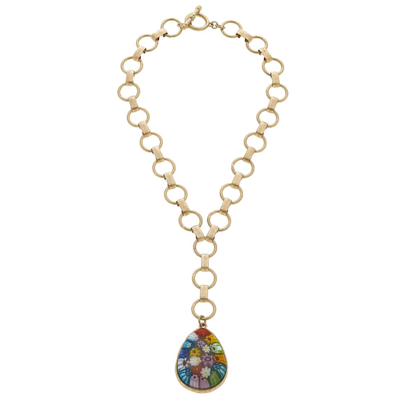 Millefiori Glass Teardrop Pendant Y Necklace in Multi