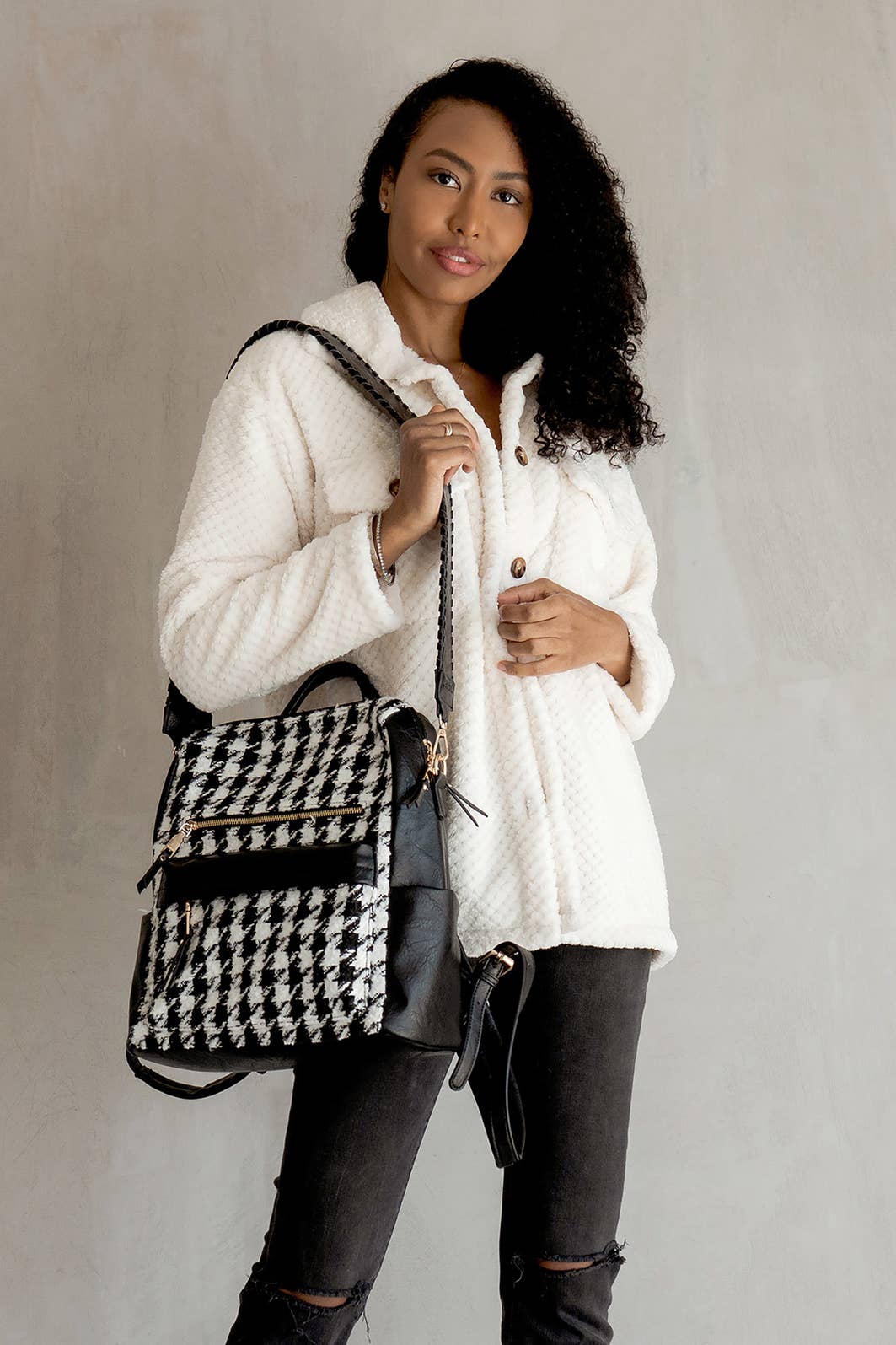 Black and White Houndstooth Backpack w/ Removable Strap