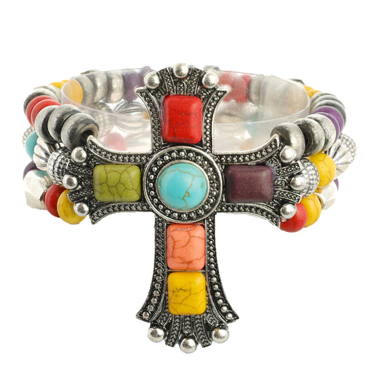 Gemstone Cross Multiline Bead Mix Stretch Bracelet