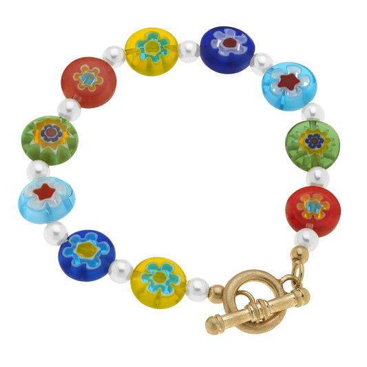 Millefiori Glass & Freshwater Pearl T-bar Bracelet in Multi