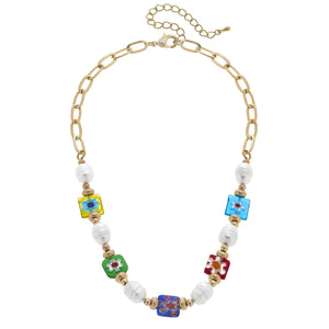 Millefiori Glass & Freshwater Pearl Paper Clip Chain Neck