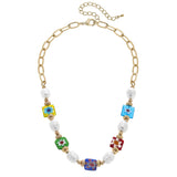 Millefiori Glass & Freshwater Pearl Paper Clip Chain Neck