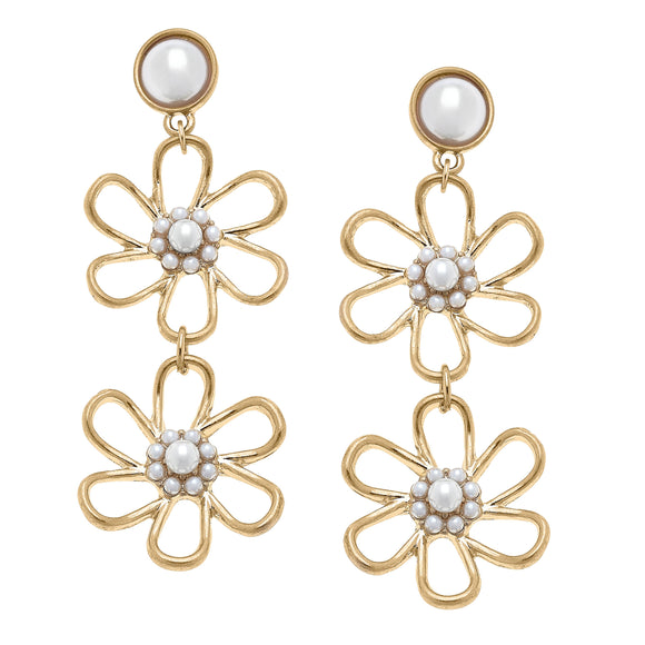Vera Pearl Flower Drop Earrings in Ivory & Worn Gold