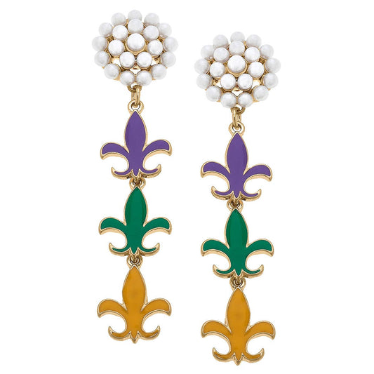 Mardi Gras Linked Fleur De Lis Enamel Earrings in Jewel Tone